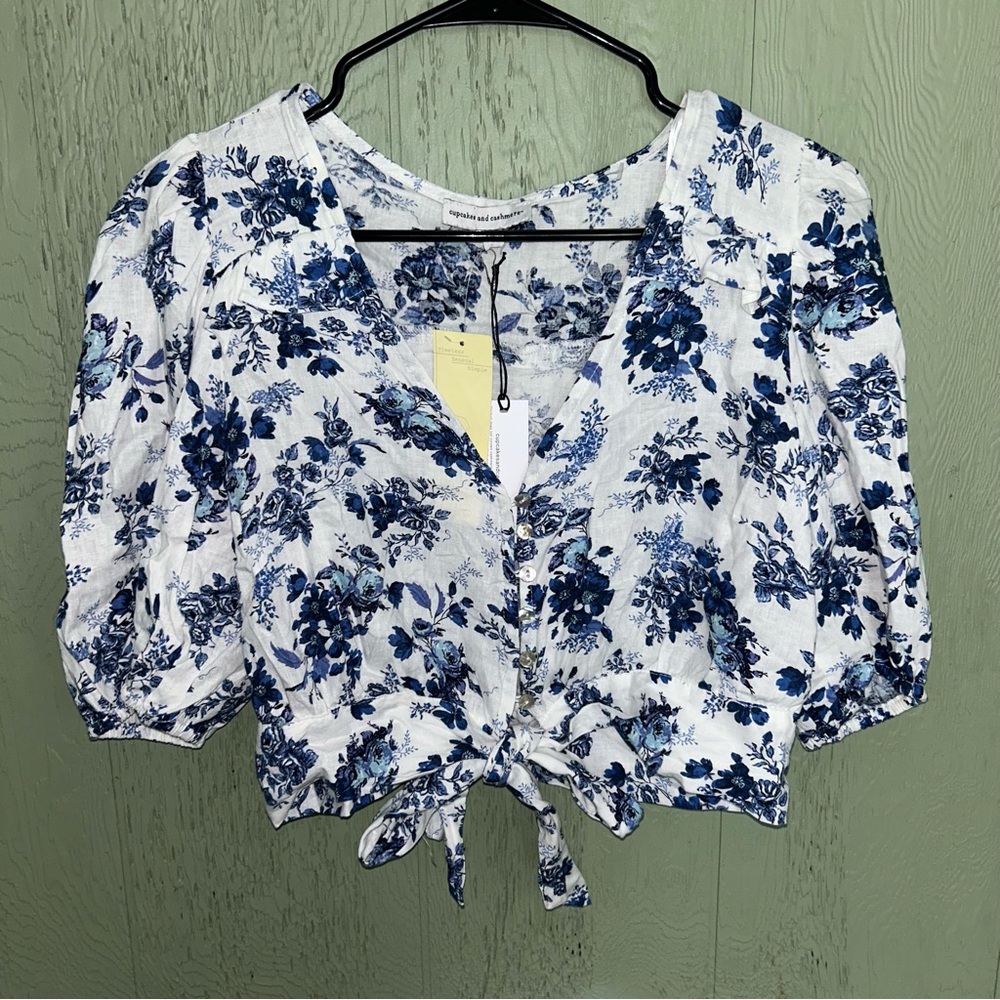 NWT blue & white linen crop top woman’s small
